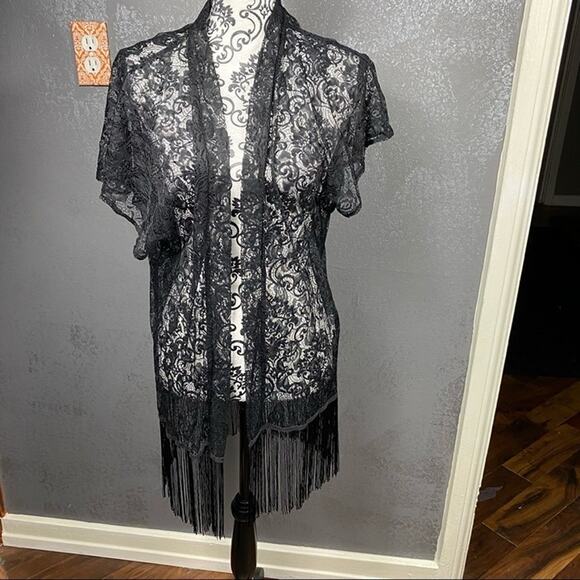 QED London ASOS Black Sheer Lace Kimono Fringe Coverup Size Small NWT - Picture 3 of 10